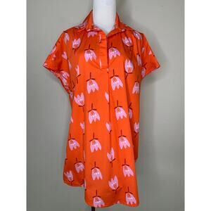 Karlie Orange Pink Floral Mini Dress Oversized Short Sleeve Sz Medium100% cotton